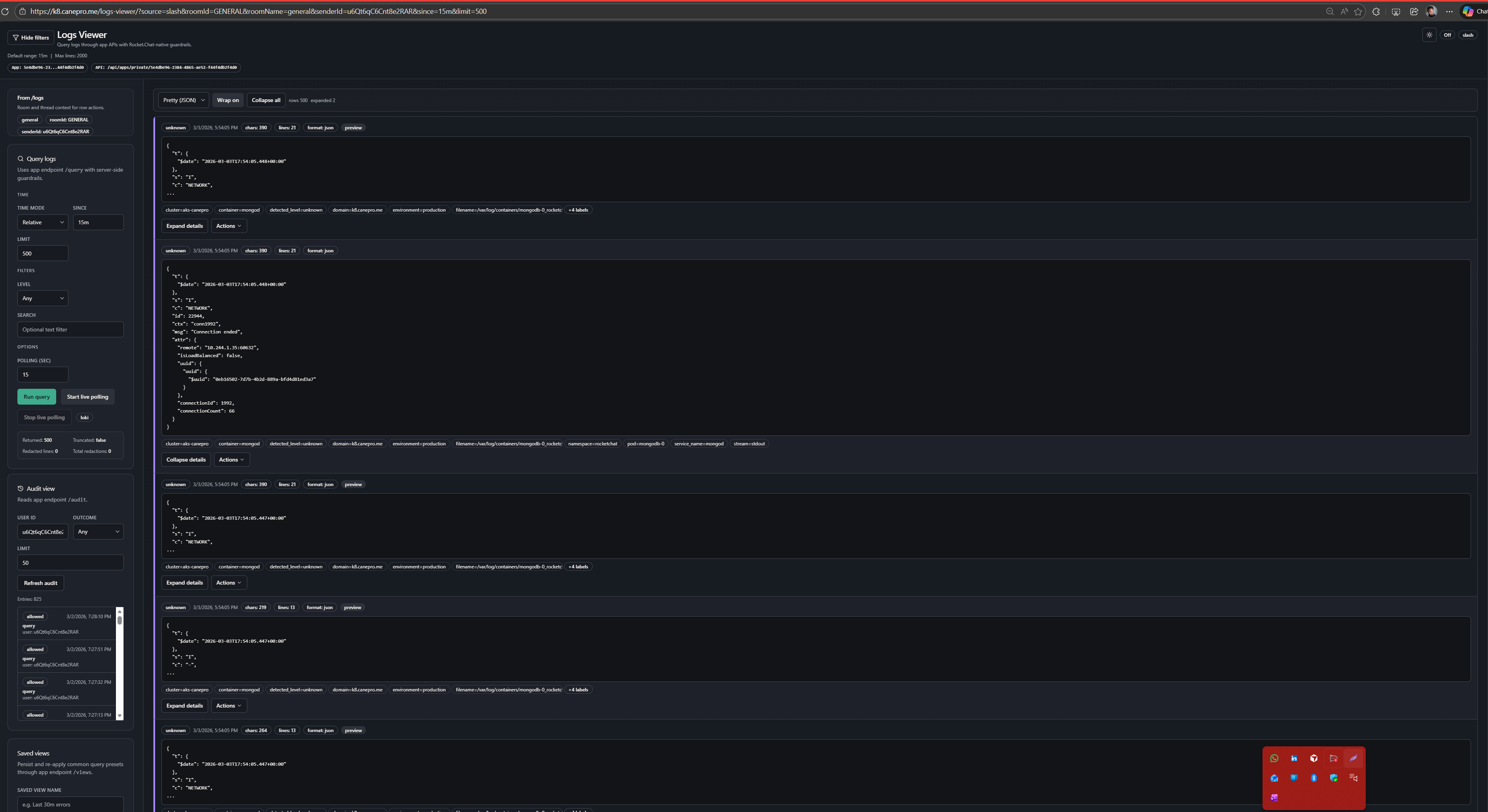Rocket.Chat Logs Viewer App recorded evidence