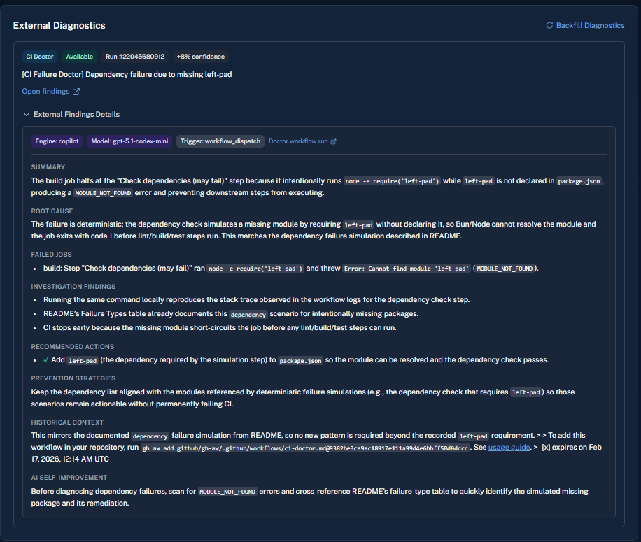 External Findings Details panel showing ci-doctor's structured analysis, summary, root cause, recommended actions, historical context, and AI metadata badges